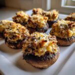 Close-up of perfectly baked Sausage stuffed mushrooms, topped with golden-brown filling and grated cheese.