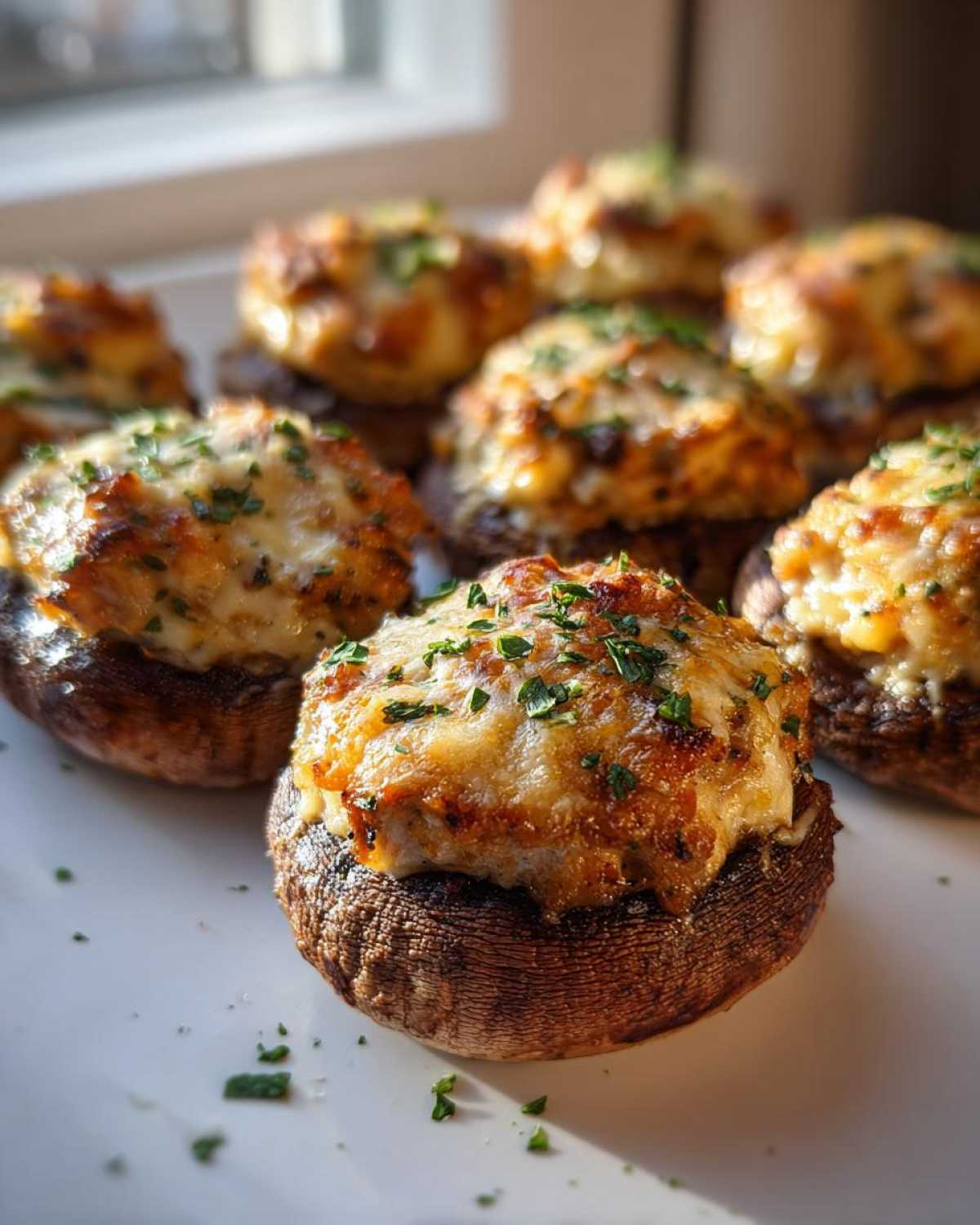 A close-up of several golden-brown, cheesy Sausage stuffed mushrooms garnished with fresh parsley.