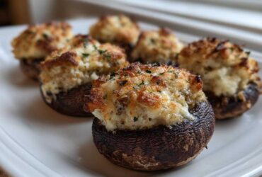 Close-up of perfectly baked Sausage Stuffed Mushrooms with golden-brown, cheesy topping on a white platter.
