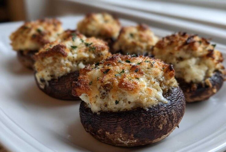 Close-up of perfectly baked Sausage Stuffed Mushrooms with golden-brown, cheesy topping on a white platter.