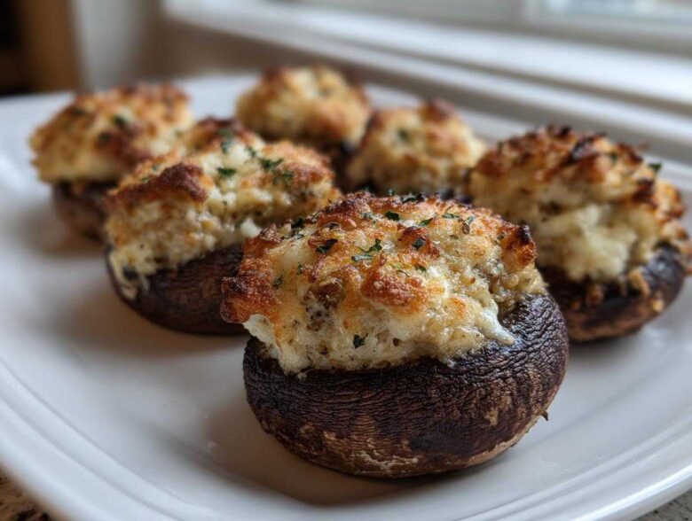 Close-up of perfectly baked Sausage Stuffed Mushrooms with golden-brown, cheesy topping on a white platter.