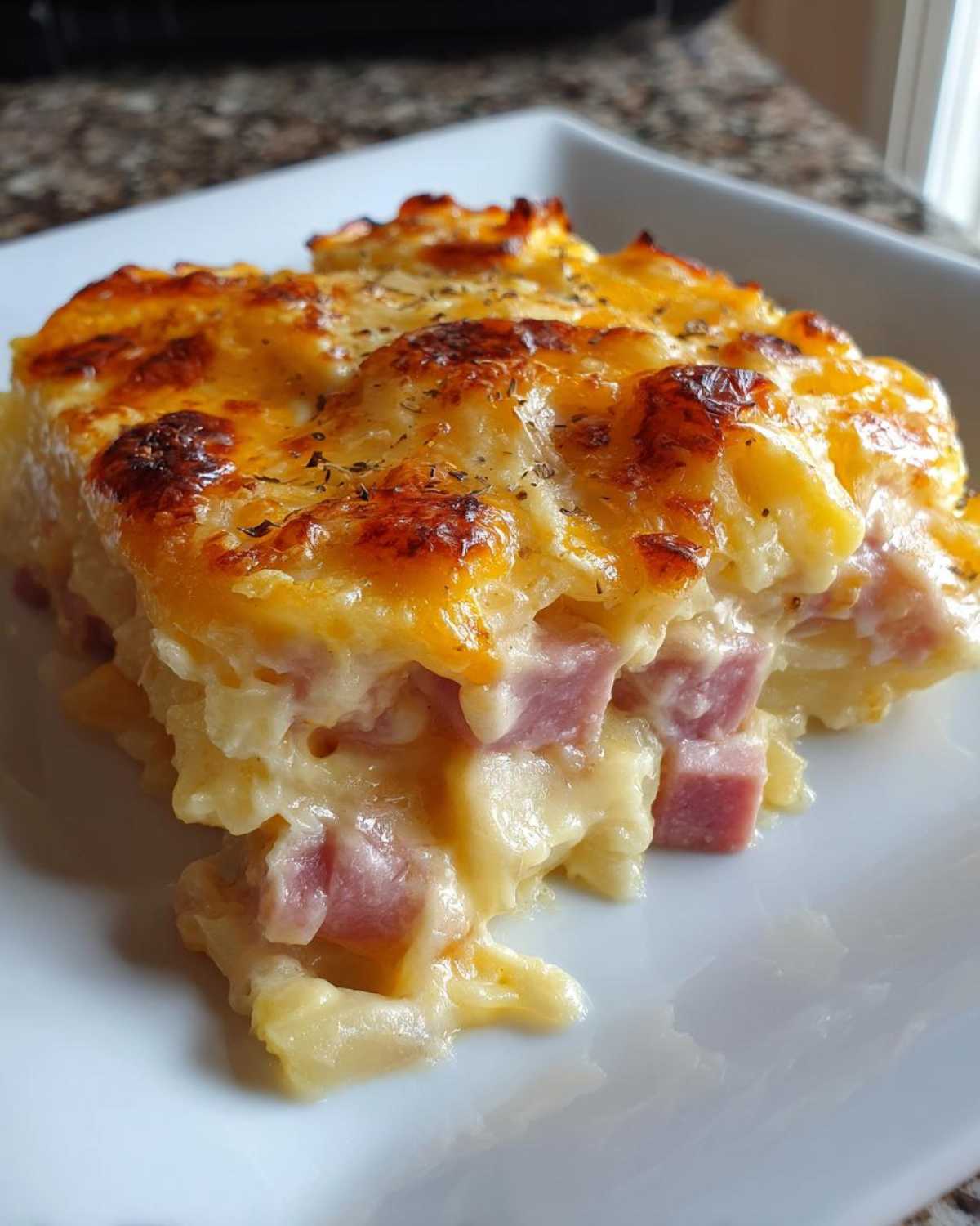 A close-up of a cheesy, baked serving of scalloped potatoes and ham with a golden-brown topping.