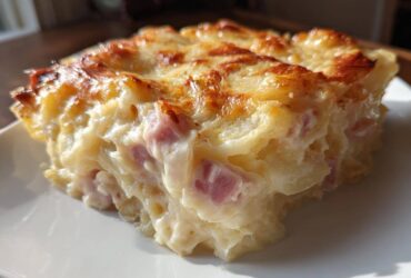 Close-up of a square serving of creamy scalloped potatoes and ham with a golden-brown, cheesy baked top.