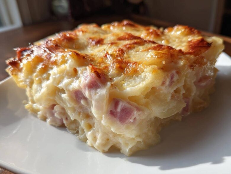 Close-up of a square serving of creamy scalloped potatoes and ham with a golden-brown, cheesy baked top.