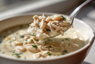 A spoonful of creamy crockpot white chicken chili featuring shredded chicken and white beans being lifted from a bowl.