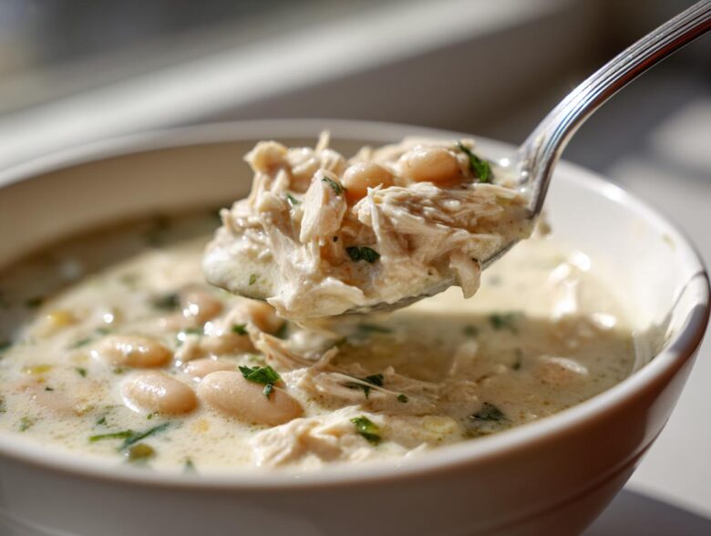 A spoonful of creamy crockpot white chicken chili featuring shredded chicken and white beans being lifted from a bowl.