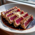 Four slices of perfectly Seared Ahi Tuna, crusted with sesame seeds, resting in dark sauce.