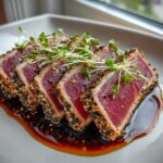 Four slices of perfectly seared ahi tuna crusted with black and white sesame seeds, resting in dark sauce.