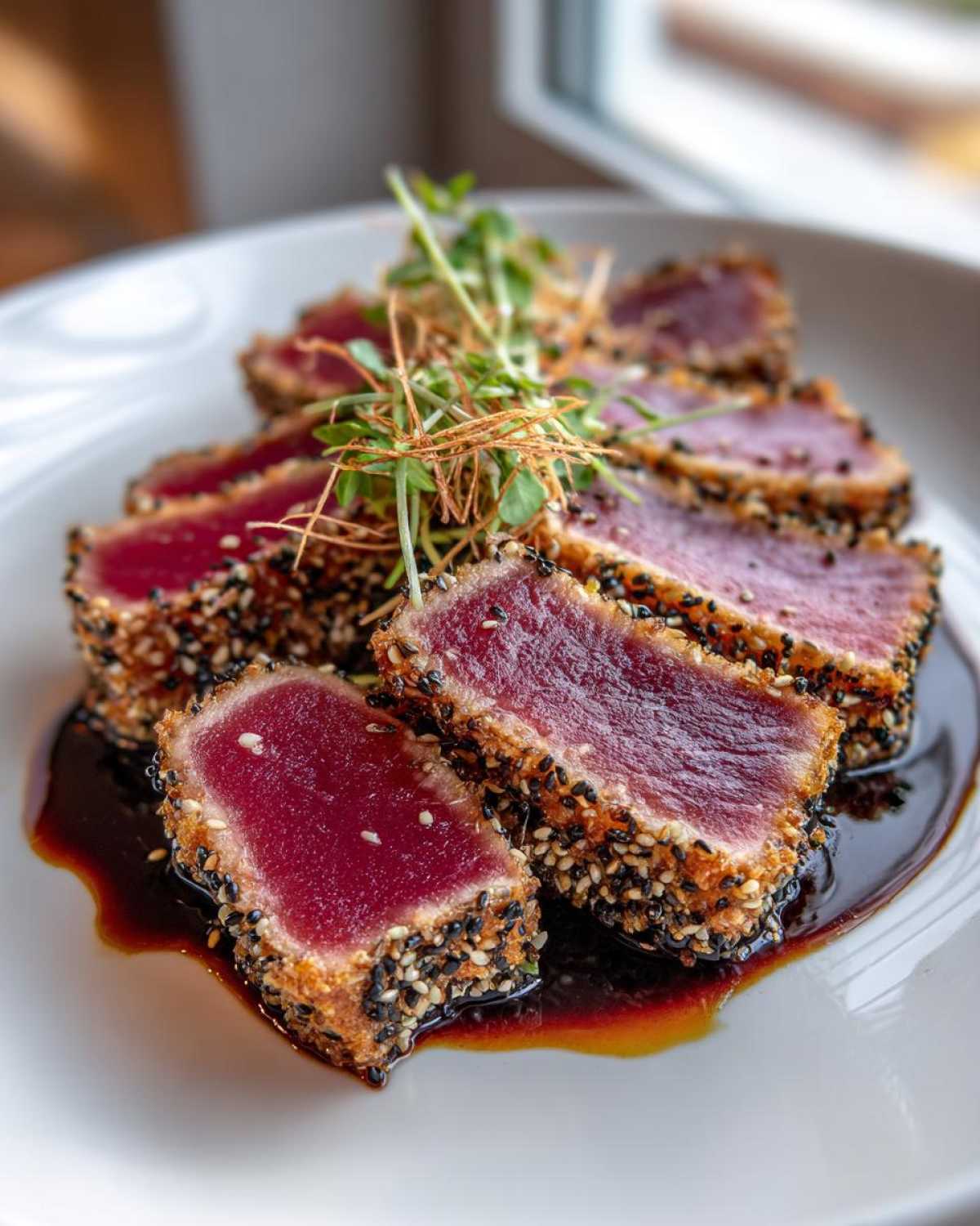 Slices of perfectly seared ahi tuna crusted with black and white sesame seeds sitting in soy sauce.