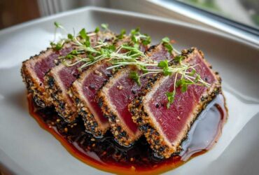 Four slices of perfectly seared ahi tuna crusted with black and white sesame seeds, resting in dark sauce.