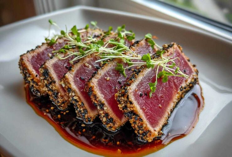 Four slices of perfectly seared ahi tuna crusted with black and white sesame seeds, resting in dark sauce.