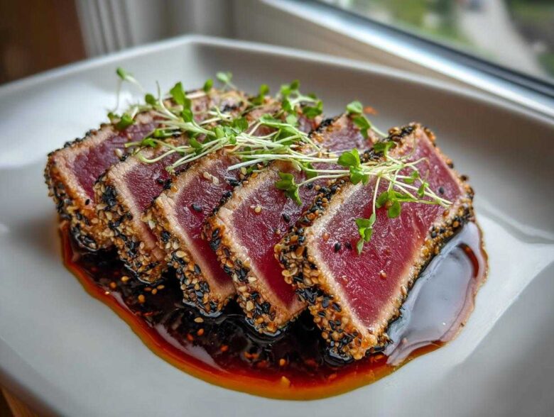 Four slices of perfectly seared ahi tuna crusted with black and white sesame seeds, resting in dark sauce.