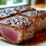 Four thick, seared tuna steak portions, cooked rare inside, coated in a dark, herbed MARINADE FOR TUNA STEAK.