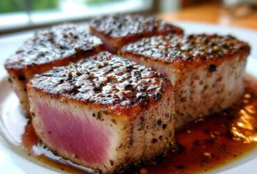 Four thick, seared tuna steak portions, cooked rare inside, coated in a dark, herbed MARINADE FOR TUNA STEAK.