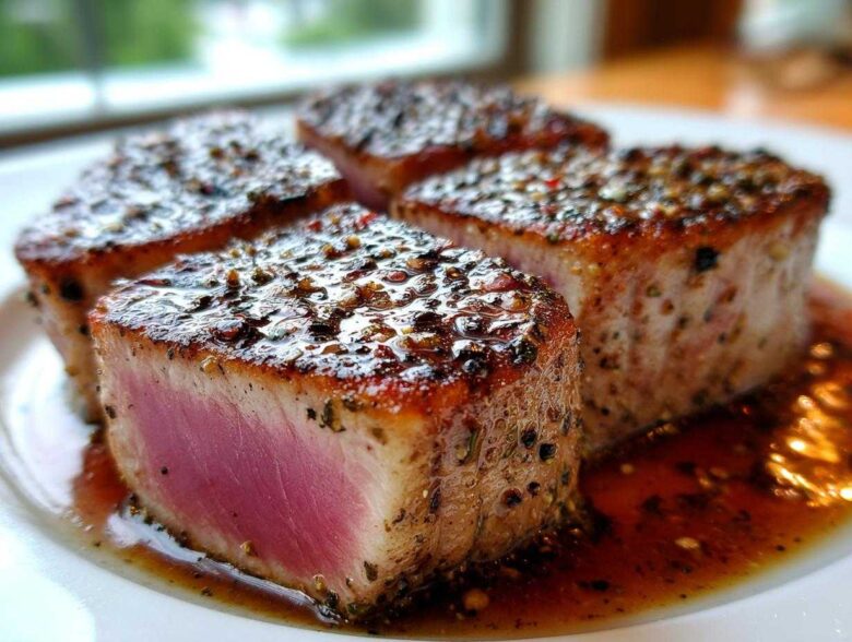 Four thick, seared tuna steak portions, cooked rare inside, coated in a dark, herbed MARINADE FOR TUNA STEAK.