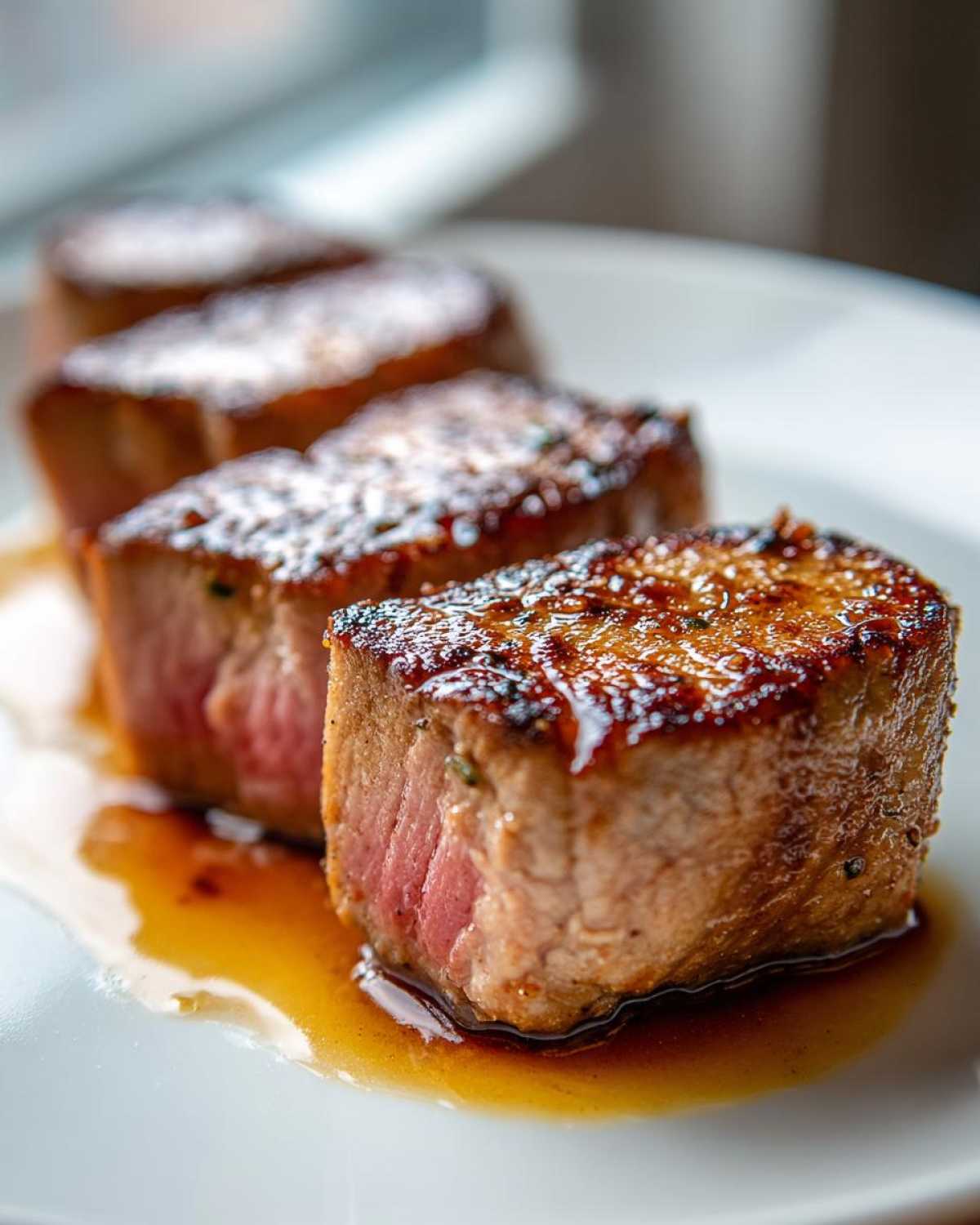 Close-up of three thick, perfectly seared tuna steak portions resting in a savory sauce, showcasing the pink center achieved with a great MARINADE FOR TUNA STEAK.