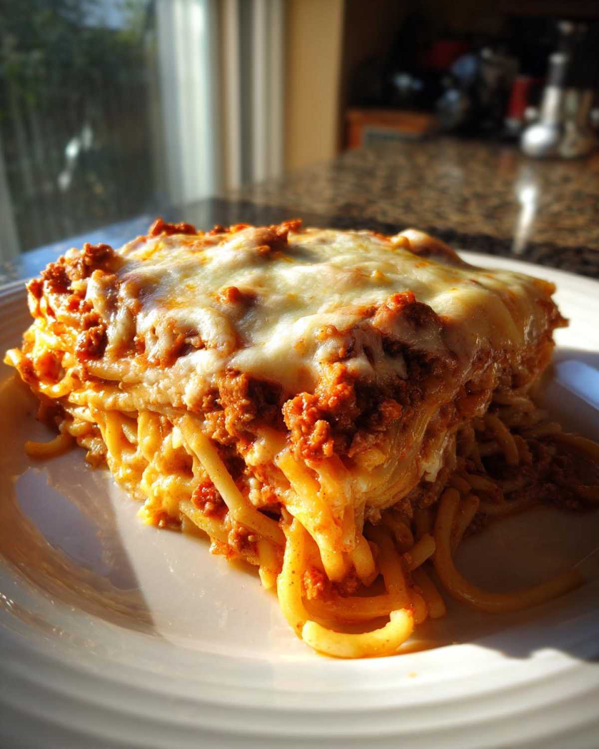A generous slice of baked spaghetti pie topped with melted cheese and rich meat sauce, served on a white plate.