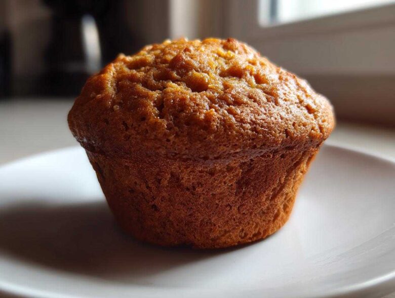 A single, golden-brown honey bran muffin sitting on a white plate, highlighted by natural light.