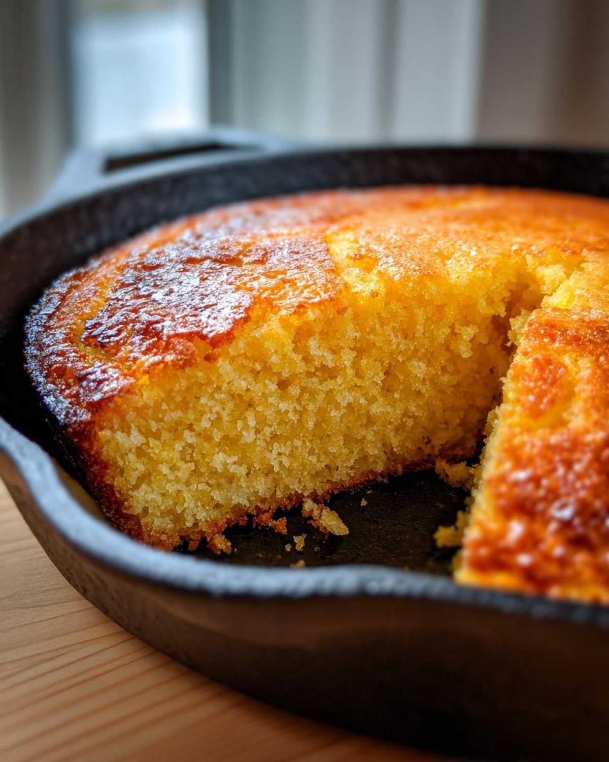 Close-up of golden, moist skillet cornbread with a slice removed, showing the crumb texture.