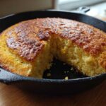 A golden brown, perfectly baked skillet cornbread in a cast iron pan with one slice removed.