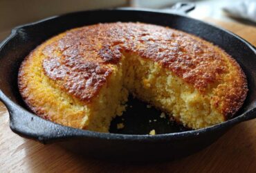 A golden brown, perfectly baked skillet cornbread in a cast iron pan with one slice removed.