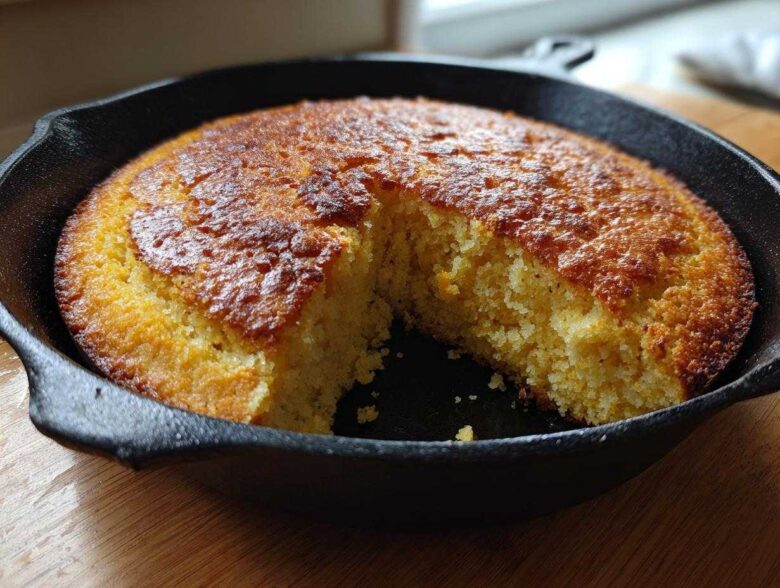 A golden brown, perfectly baked skillet cornbread in a cast iron pan with one slice removed.