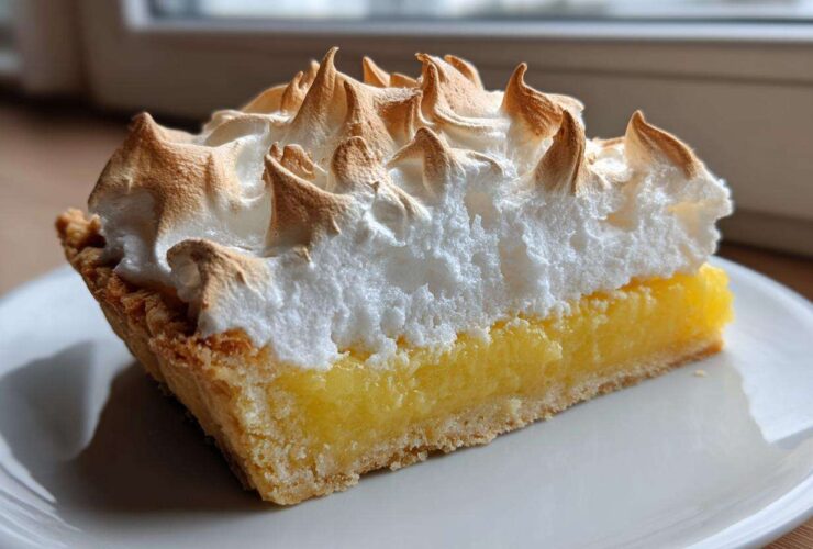A close-up slice of lemon meringue pie showing bright yellow curd, flaky crust, and peaks of perfectly browned meringue.