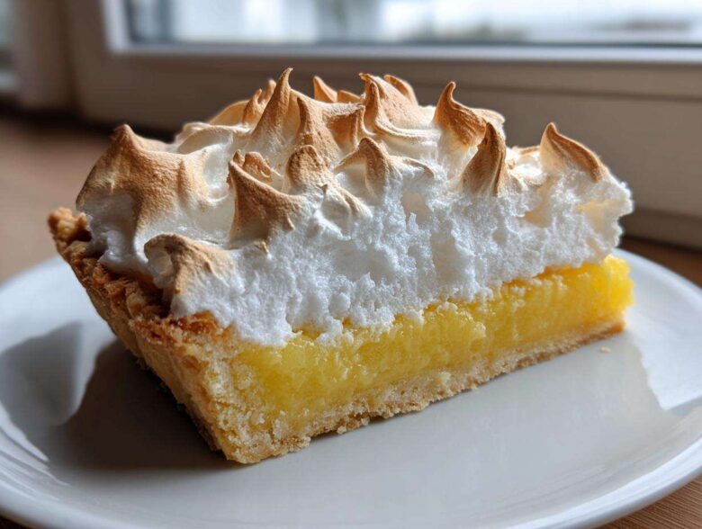 A close-up slice of lemon meringue pie showing bright yellow curd, flaky crust, and peaks of perfectly browned meringue.