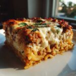 A close-up, appetizing slice of baked spaghetti pie featuring layers of pasta, meat sauce, and melted cheese, garnished with parsley.