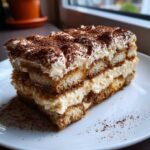 A perfect slice of layered tiramisu recipe, dusted heavily with cocoa powder, on a white plate.