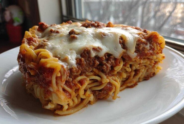 A thick slice of baked spaghetti pie topped with meat sauce and melted mozzarella cheese.