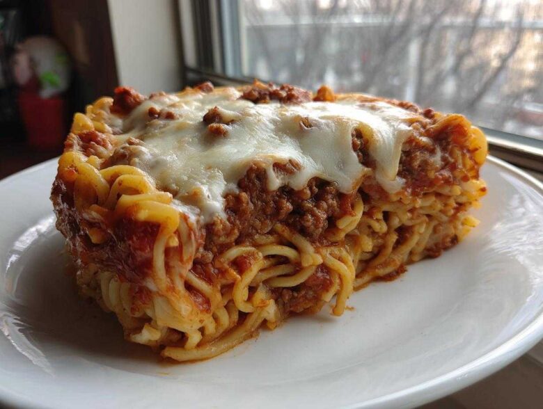 A thick slice of baked spaghetti pie topped with meat sauce and melted mozzarella cheese.