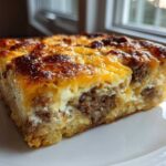 Close-up of a thick slice of tater tot breakfast casserole with browned cheese and sausage filling.