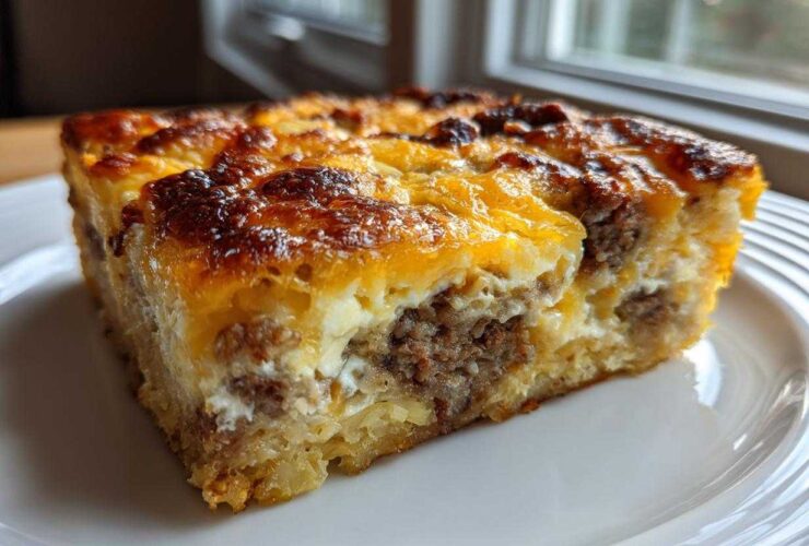 Close-up of a thick slice of tater tot breakfast casserole with browned cheese and sausage filling.
