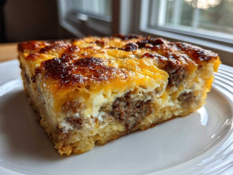 Close-up of a thick slice of tater tot breakfast casserole with browned cheese and sausage filling.
