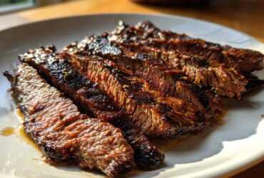 Close-up of perfectly grilled and sliced steak, showing juicy medium-rare interior from the carne asada marinade.