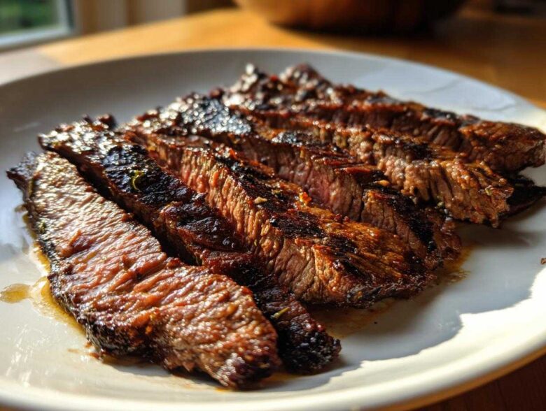 Close-up of perfectly grilled and sliced steak, showing juicy medium-rare interior from the carne asada marinade.