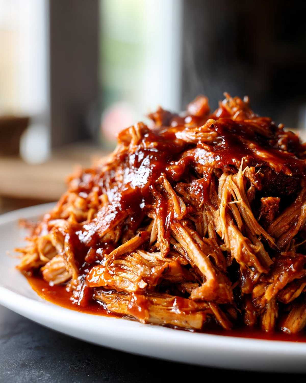 Close-up of a generous mound of saucy Slow Cooker Pulled Pork piled high on a white plate.