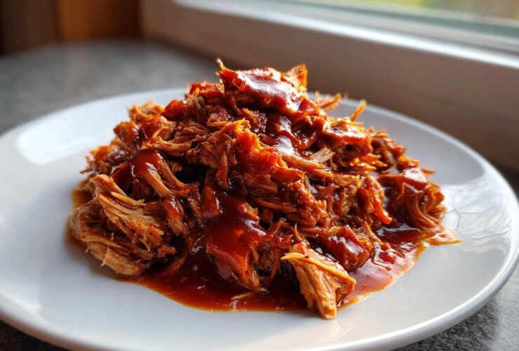 A close-up of tender, saucy slow cooker pulled pork piled high on a white plate.