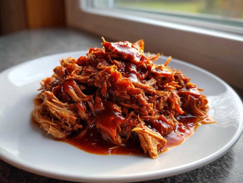 A close-up of tender, saucy slow cooker pulled pork piled high on a white plate.