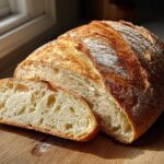 A loaf of golden-crusted french bread, partially sliced, showing a soft, airy interior crumb.