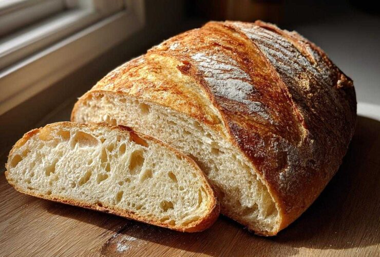 A loaf of golden-crusted french bread, partially sliced, showing a soft, airy interior crumb.