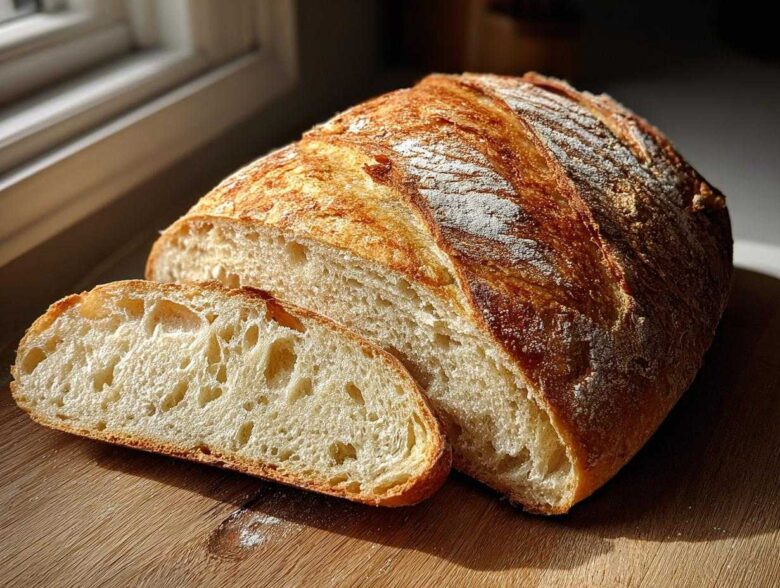 A loaf of golden-crusted french bread, partially sliced, showing a soft, airy interior crumb.