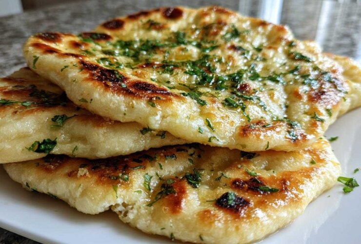 Close-up of a stack of three soft, golden-brown naan bread pieces brushed with butter and sprinkled with fresh parsley.