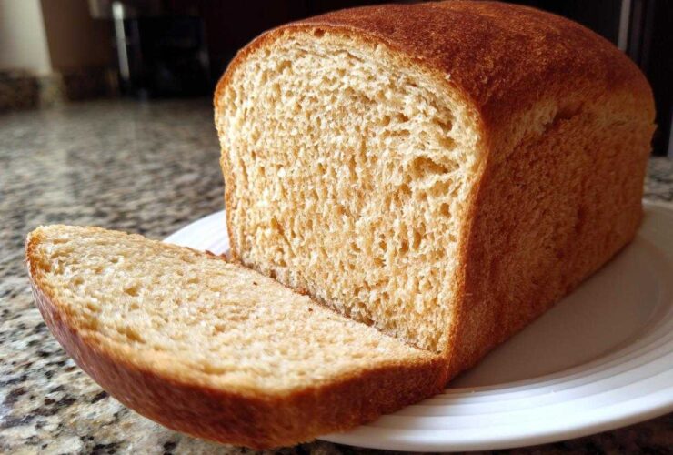 A freshly baked loaf of soft whole wheat bread with one thick slice cut and resting against the main loaf on a white plate.
