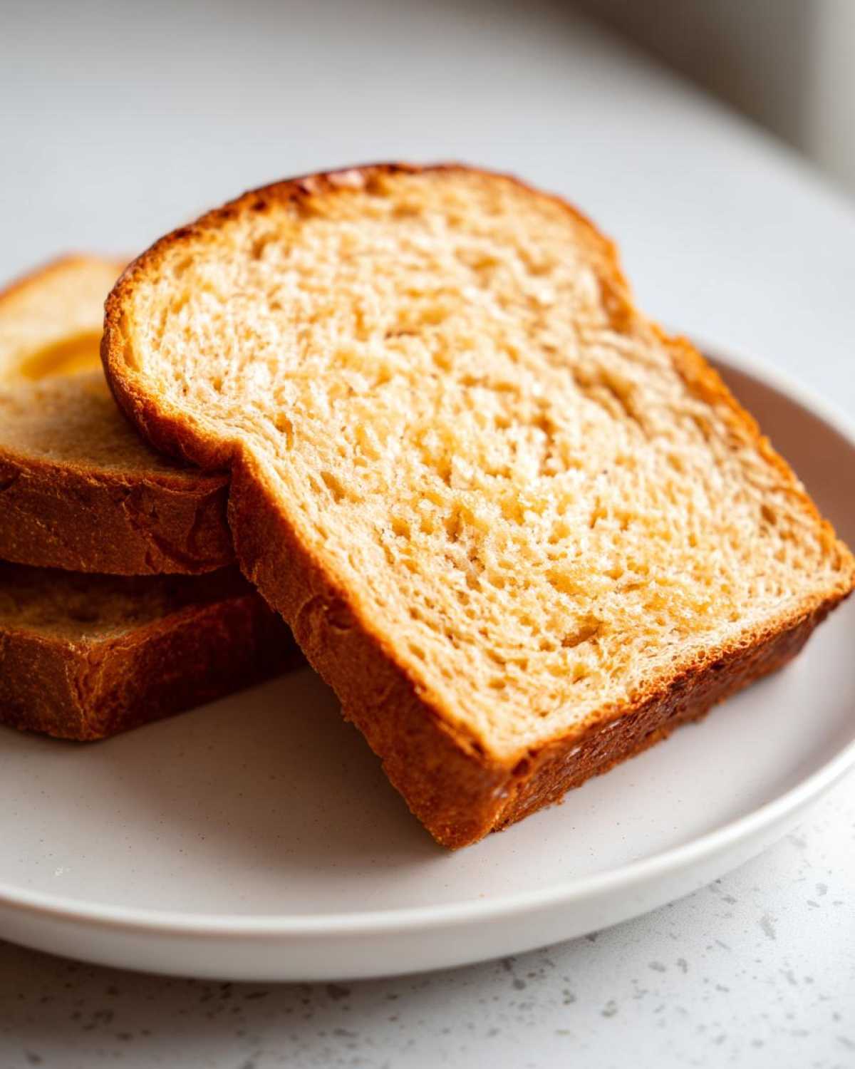 Close-up of two soft slices of golden brown whole wheat bread stacked on a light gray plate.