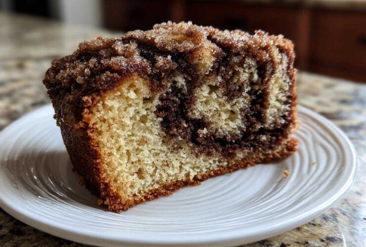 A close-up of a moist slice of sour cream coffee cake featuring a rich cinnamon swirl and sugary crumb topping.