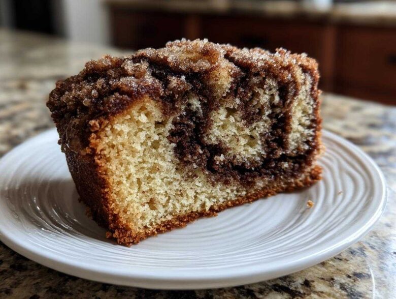A close-up of a moist slice of sour cream coffee cake featuring a rich cinnamon swirl and sugary crumb topping.