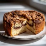 A slice cut from a moist sour cream coffee cake showing the cinnamon swirl and thick crumb topping.