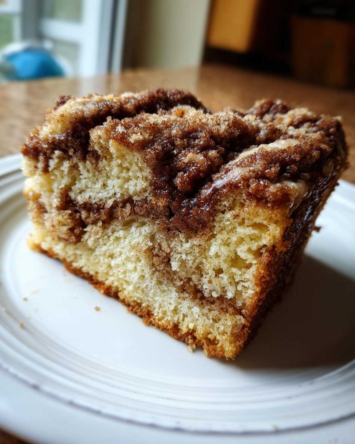 Close-up of a moist slice of sour cream coffee cake featuring a rich cinnamon swirl and crumbly streusel topping.